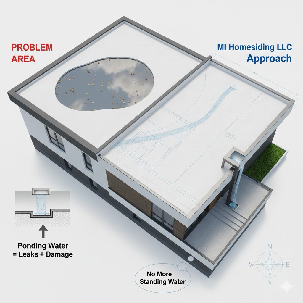 Flat roof TPO installation with proper drainage slope in Knoxville TN