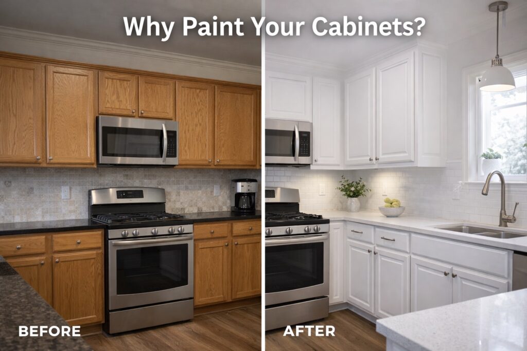 Before and after kitchen cabinet painting: oak cabinets updated to bright white for a modern look in Knoxville, TN.