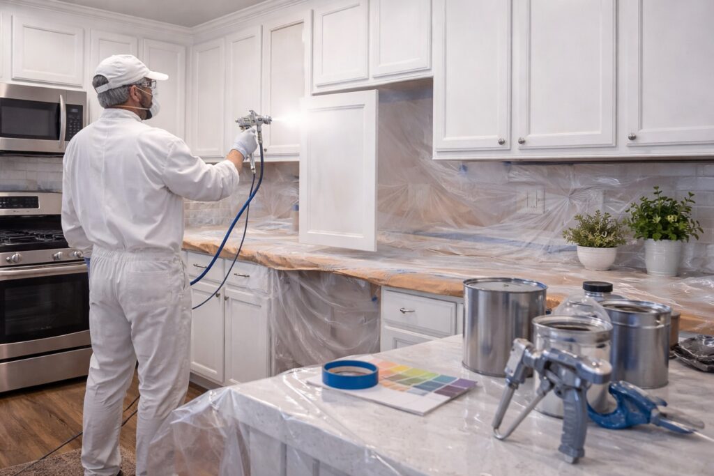 Professional spray application on kitchen cabinet doors during a cabinet painting project in Knoxville, TN.