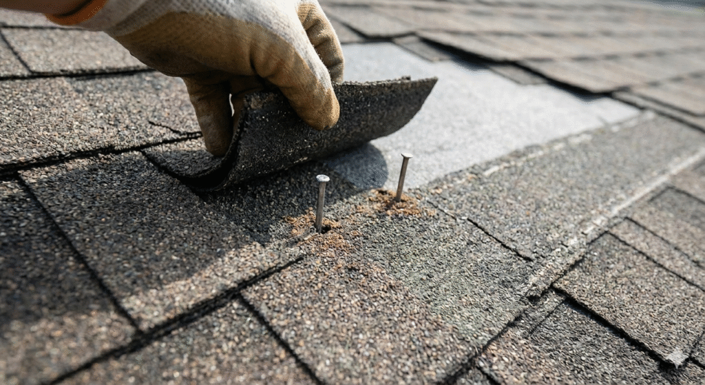 Missing shingles and roof granules in gutters indicating repair neede