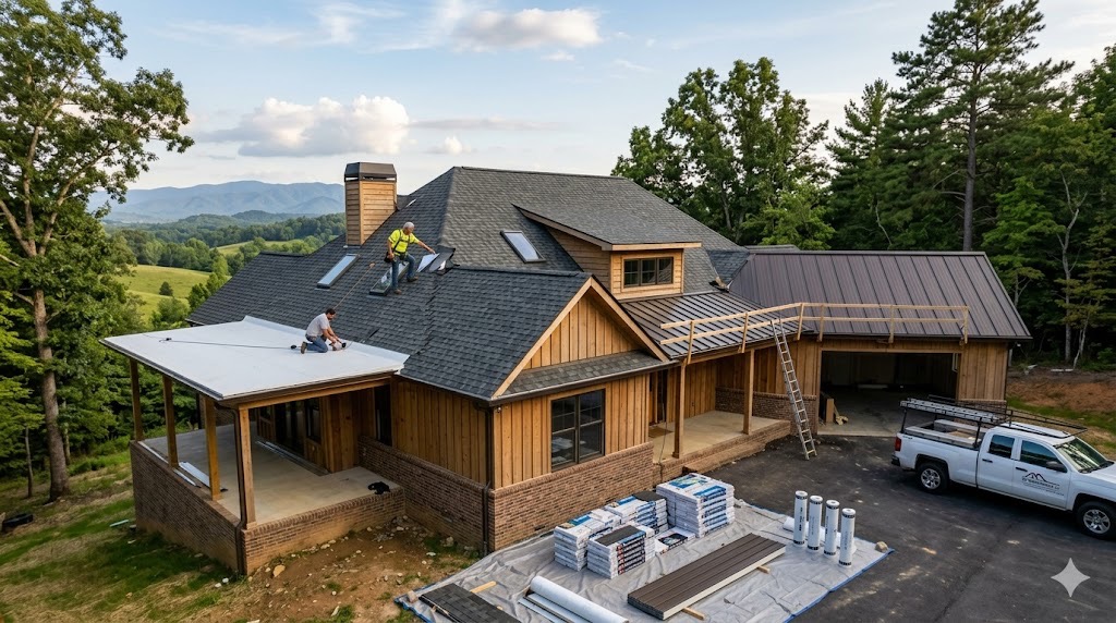 Water stains and damage on a ceiling around a leaking skylight in Knoxville.