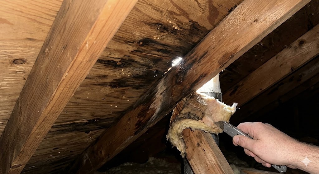 Mid-range interior shot of water stains and bubbling drywall around a residential skylight in Knoxville.