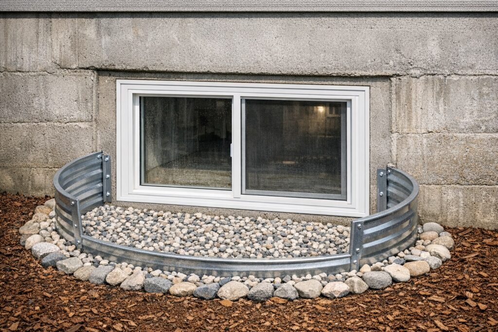 Signs of water leakage and moisture damage around an old basement window.