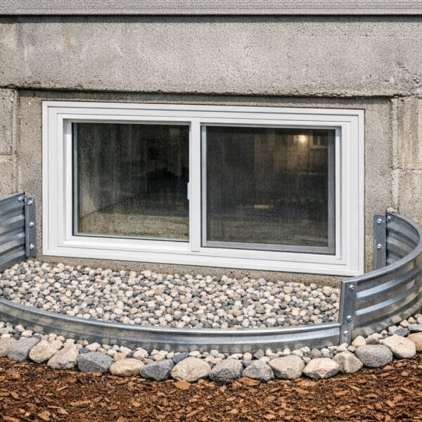 New basement window installed in a block foundation with a galvanized window well and gravel below.