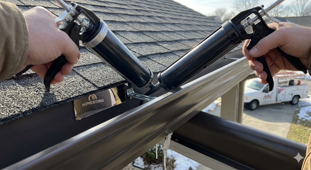 Technical photo of a contractor hand holding a professional infrared thermometer checking temperatures on a Knoxville roof eave during winter.