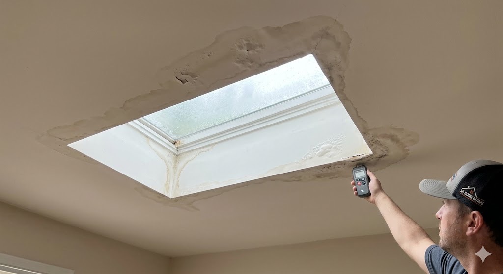 Technical photo of applying sealant with a caulking gun to repair a skylight flashing system in Knoxville.