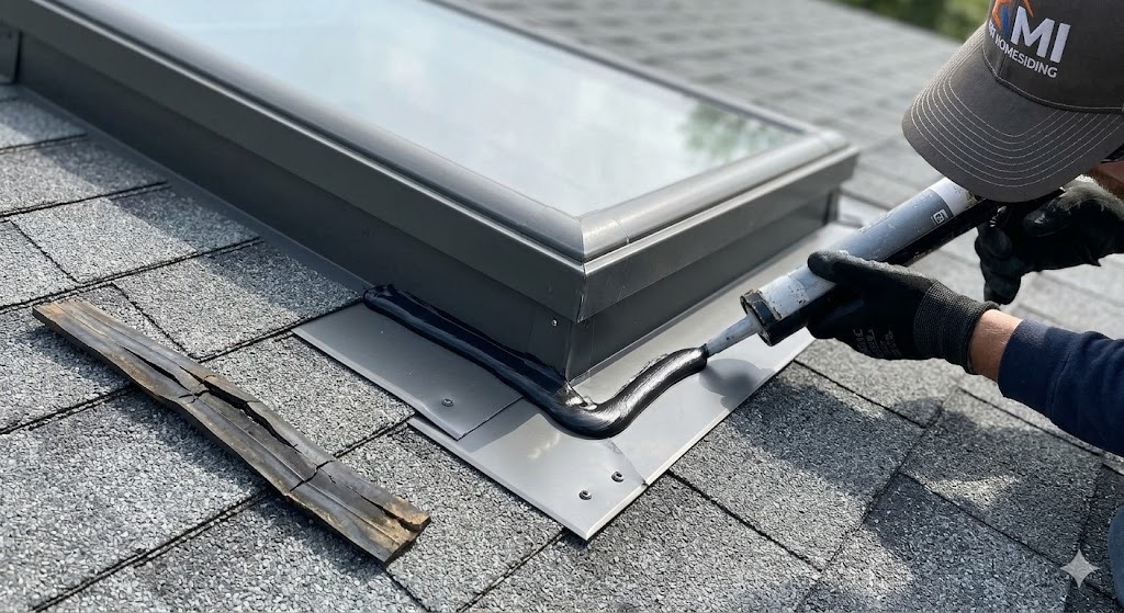 echnical photo of applying sealant with a caulking gun to repair a skylight flashing system in Knoxville.