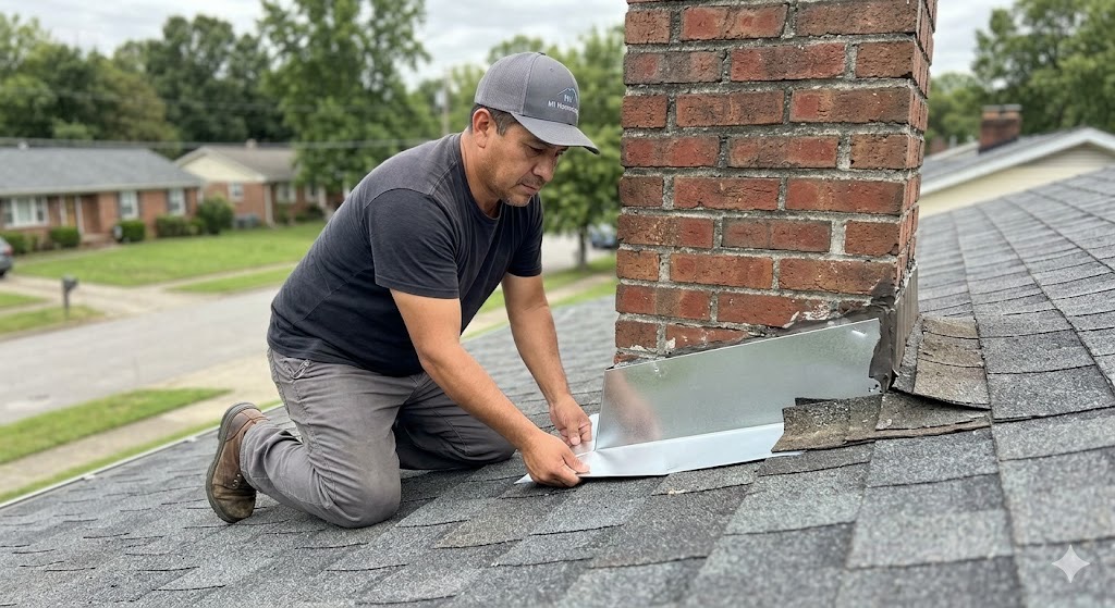 installing correct metal step flashing to permanently fix a chronic roof leak in a Knoxville home.