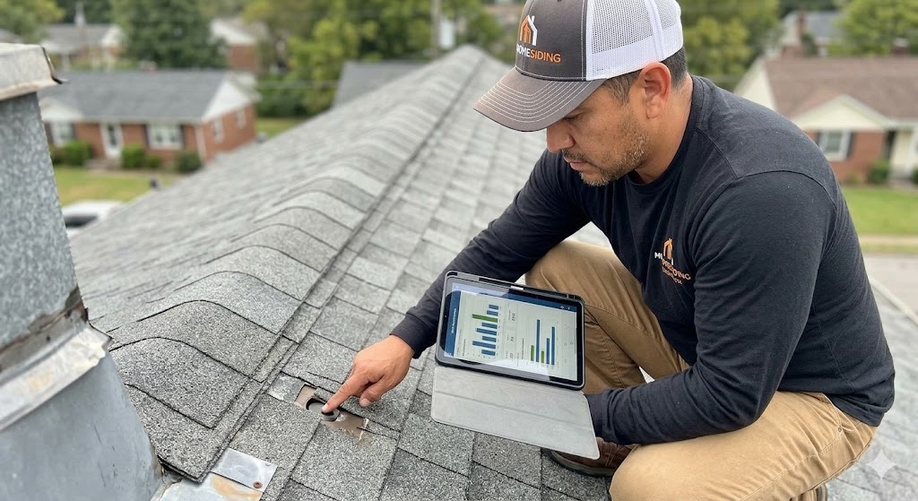Contractor hand holding a professional laser measurement tool to determine roof squares for a replacement cost estimate in Knoxville TN.