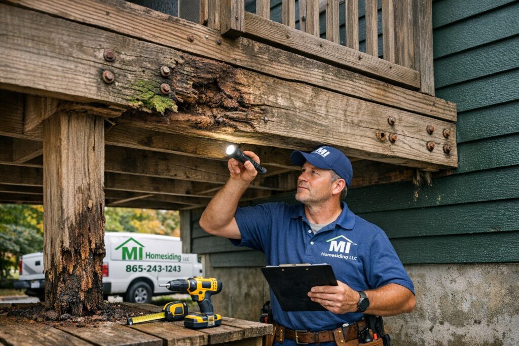 Professional MI Homesiding & Roofing inspection identifying critical deck structural problems, wood rot, and water damage in a Knoxville backyard.