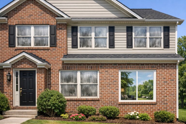 Close-up of foggy double-pane glass due to failed thermal seals in a residential window.