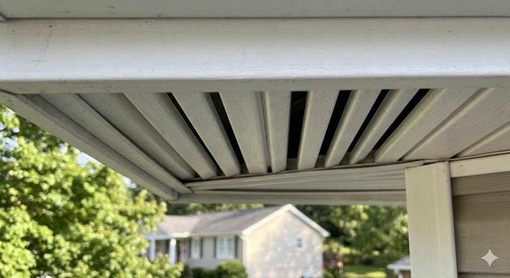 lose-up of a white vinyl soffit vent with clean slots, ensuring proper intake airflow for a residential attic in Knoxville TN.