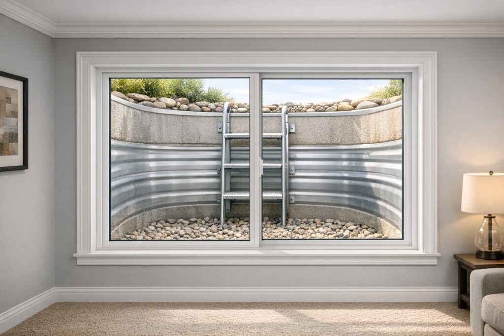 Technical installation of flashing and waterproofing for a basement window opening.