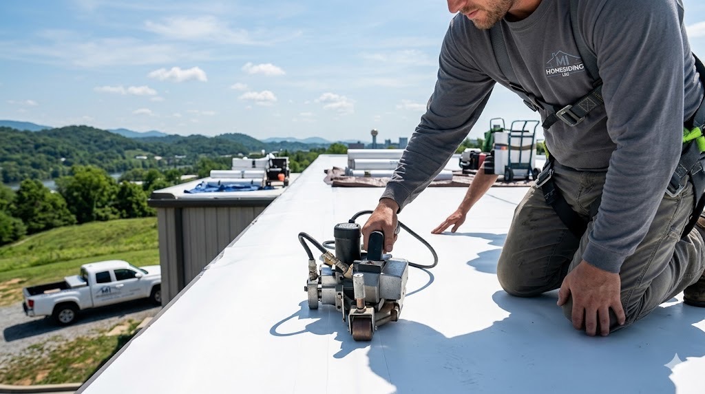 TPO flat roof installation in Knoxville TN with heat-welded seams by MI Homesiding LLC