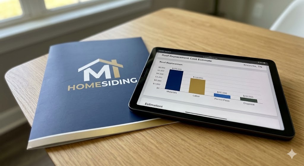 Close-up of a professional MI Homesiding & Roofing roof replacement estimate folder and tablet showing a transparent cost breakdown in Knoxville, TN.