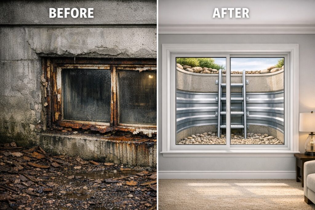 Large egress window installation for basement safety and natural light.