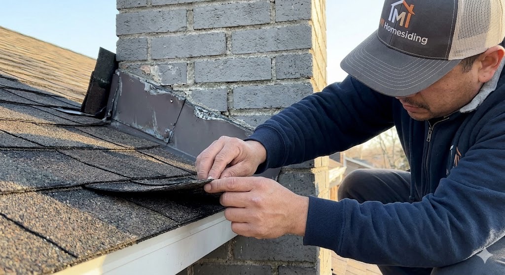 MI Homesiding & Roofing repairing structural wood rot in the soffit and fascia area on a Knoxville home.