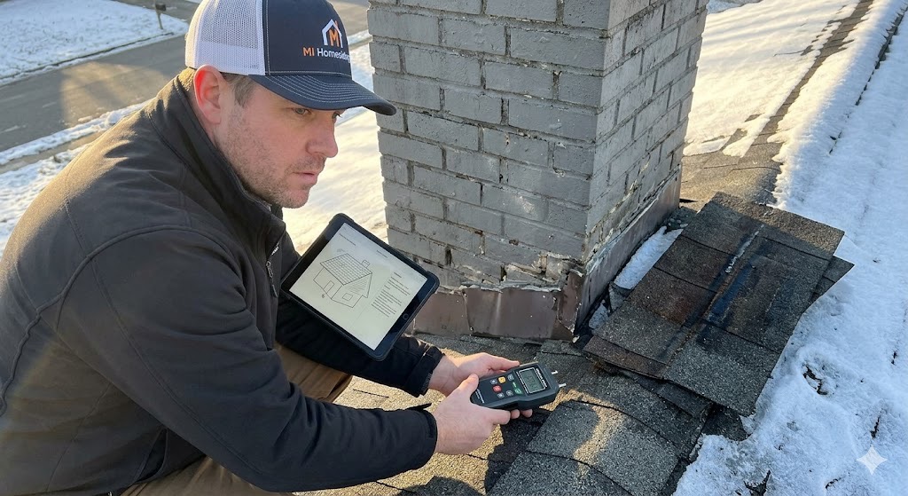 measuring chimney flashing meticulously to create an accurate roof repair quote in Knoxville TN.