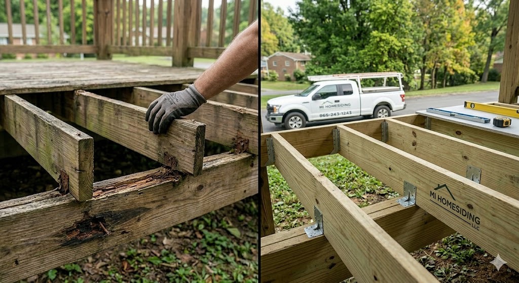 Comparison of failing deck framing with undersized beams versus the professional MI Homesiding & Roofing structural support system with correct joist spacing and metal hangers in Knoxville, TN.