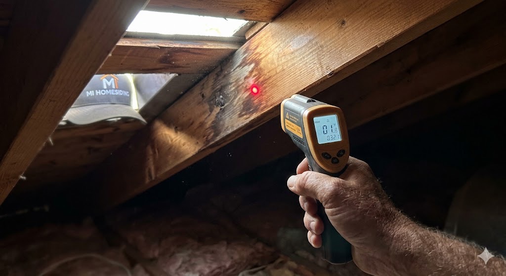 Candid photo showing pink fiberglass insulation blocking a soffit vent intake in a dark Knoxville attic, preventing proper airflow.