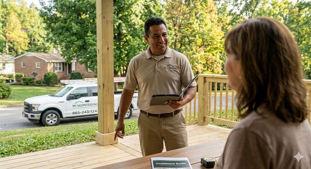 Mel Hernandez from MI Homesiding & Roofing providing a transparent deck cost estimate and structural consultation in a Knoxville home.