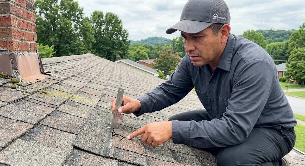 MI Homesiding & Roofing performing a technical roof inspection in Knoxville TN, measuring shingle degradation to estimate remaining lifespan in Tennessee weather.