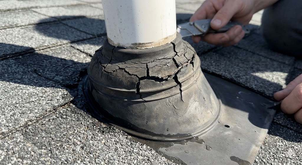 Comparison between chimney flashing and a standard roof pipe boot for leak identification.
