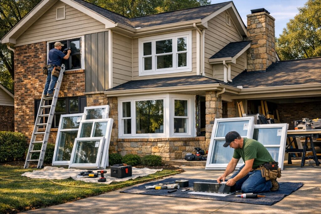 Professional removal of multiple old windows without damaging the home's exterior.