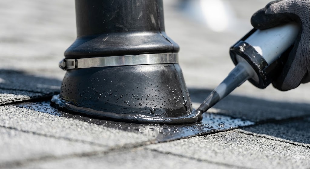 Example of a failed temporary roof boot repair using excessive caulk instead of replacement.