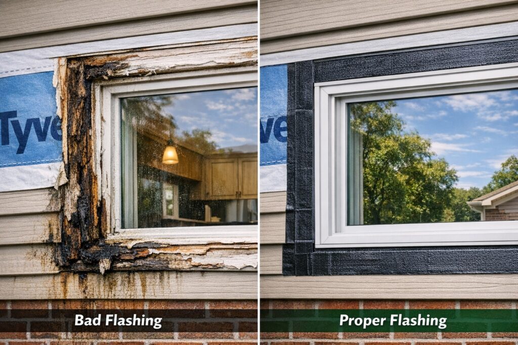 Visible wood rot caused by missing or improper window flashing installation.