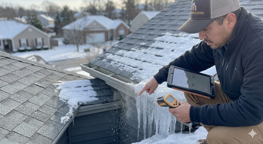 Close-up of a contractor cleaning and sealing a residential downspout to prevent ice gutter problems in Knoxville TN.