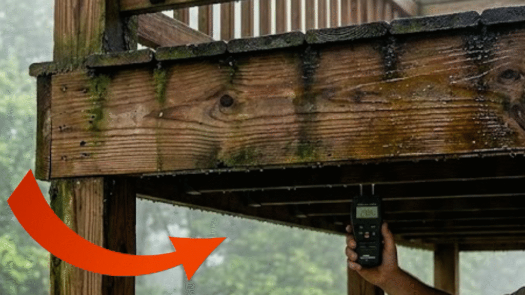 Close-up of a critical deck support post rotting at the base where it was buried directly in concrete in Knoxville, TN, illustrating a common structural failure from trapped moisture.