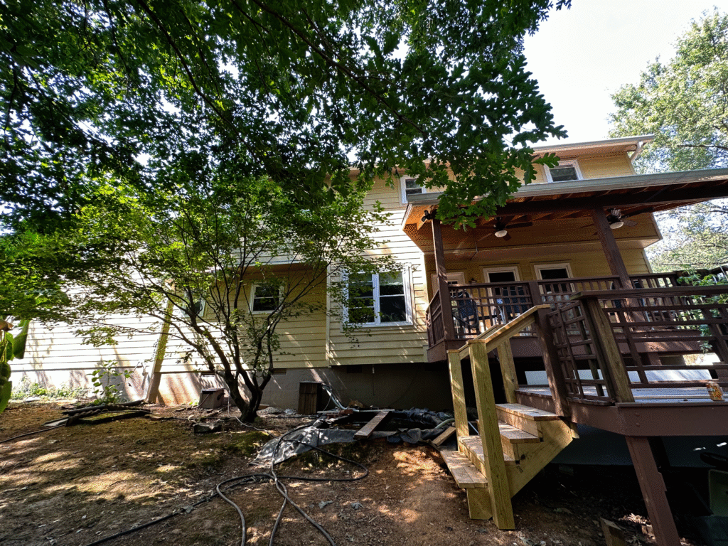 Comparison of failing deck framing with undersized beams versus the professional MI Homesiding & Roofing structural support system with correct joist spacing and metal hangers in Knoxville, TN.