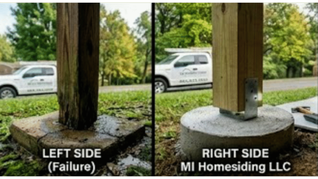 An intimate macro shot of a contractor's hand with a screwdriver testing the integrity of a weathered structural joint.