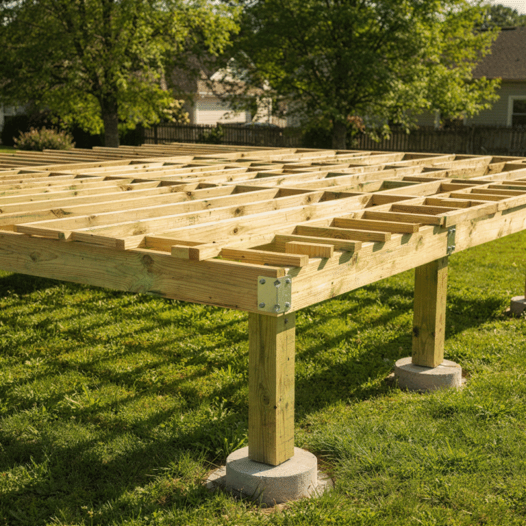 Properly spaced deck joists and heavy-duty beams for maximum load support.