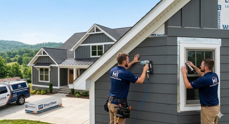 "Engineered wood siding installation in Knoxville, TN. We install LP SmartSide with proper moisture protection built for East Tennessee weather. Get your exact material takeoff today!"