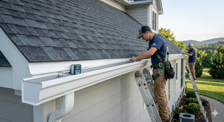 A technical close-up photograph illustrating a long, continuous run of high-capacity white seamless rain gutter being precisely installed on a Knoxville home by the MI Homesiding LLC team, demonstrating the engineered pitch necessary for optimal water flow.