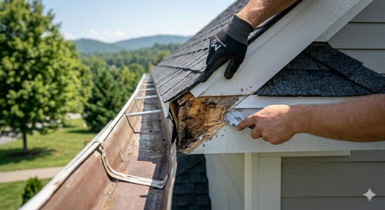 A technical detail photograph capturing a critical point during inspection on a Knoxville residential roof, where an MI Homesiding LLC professional's hand identifies hidden fascia rot next to a correctly installed white drip edge and new rain gutter.