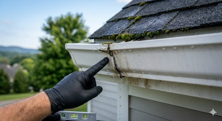 A detailed technical close-up photograph captured during wet weather in Knoxville, TN, illustrating an MI Homesiding LLC professional's gloved hand identifying a failed corner joint seal on a white K-style gutter.