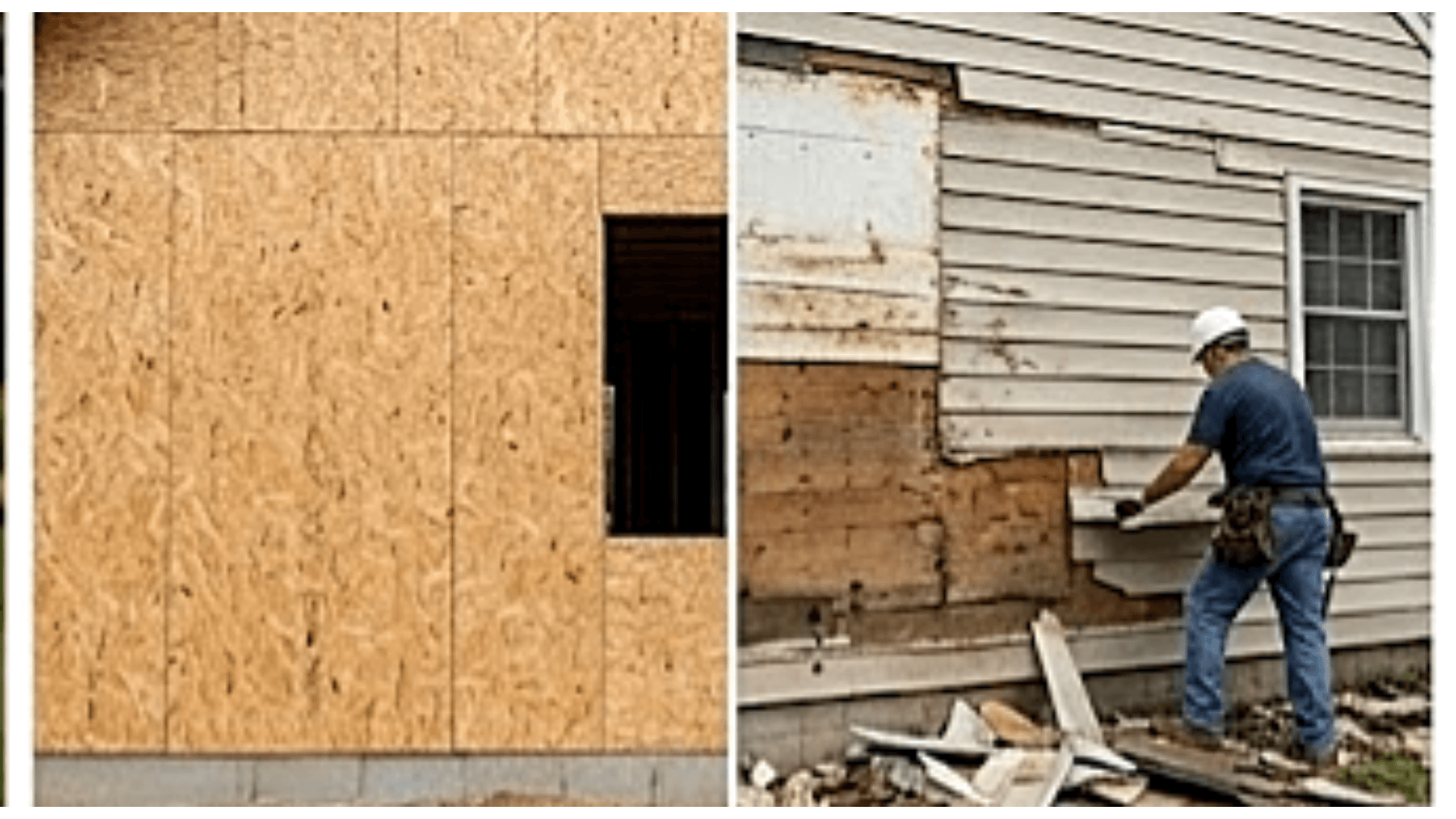 Side by side: clean sheathing on a new build, and old siding being torn off an existing home