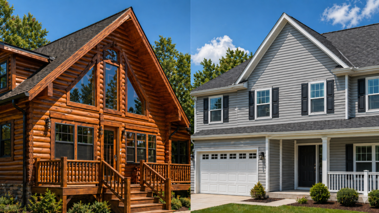 Professional comparison between TruLog steel siding and traditional vinyl siding, highlighting the wood look and durability of steel for Knoxville Tennessee homes.