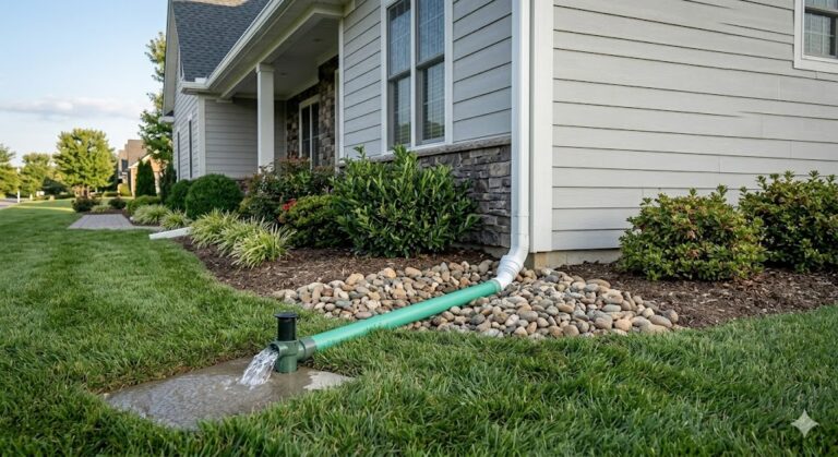A ground-level technical photograph focusing on a clean white downspout installed by MI Homesiding LLC, connecting to an underground green drainage pipe that moves water safely away from the foundation and crawl space of a Knoxville home.