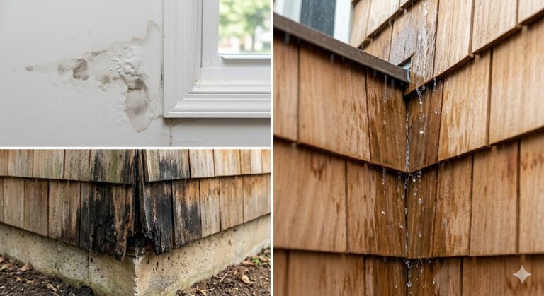 Detalle técnico de la cámara de aire (rain screen) detrás del siding de cedro. MI Homesiding & Roofing instala sistemas que permiten que la madera respire y drene la humedad típica de East Tennessee.