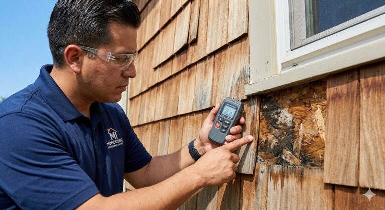 Instalación de tejas de cedro (Cedar Shakes) como acento decorativo en un hastial. MI Homesiding & Roofing domina todas las variantes de madera natural para fachadas.