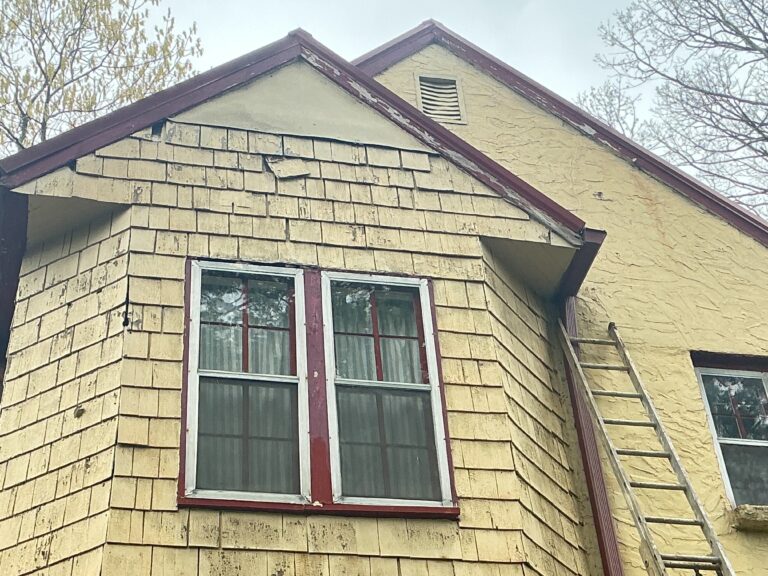 Woodpecker hole repair specialist inspecting damage on a high-end cedar siding gable in Farragut, TN, ready for structural restoration by MI Homesiding LLC.