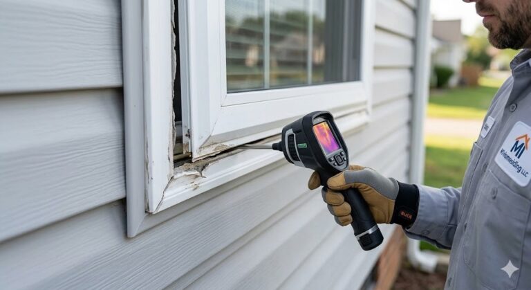 Forensic close-up photo of a failed, misaligned window unit with an extensive air leak demonstrating poor installation, detected during a MI Homesiding LLC inspection in Knoxville TN.