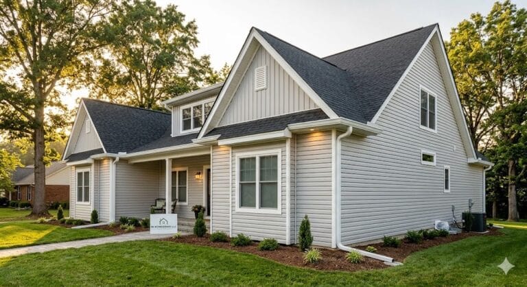 Stunning full front view of a premium Knoxville home at golden hour featuring new seamless gutters installed by MI Homesiding LLC.