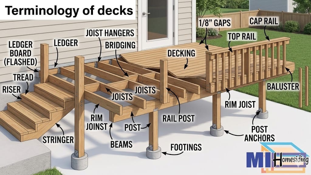 Rotted deck ledger board and structural wood rot from missing flashing in Knoxville, TN
