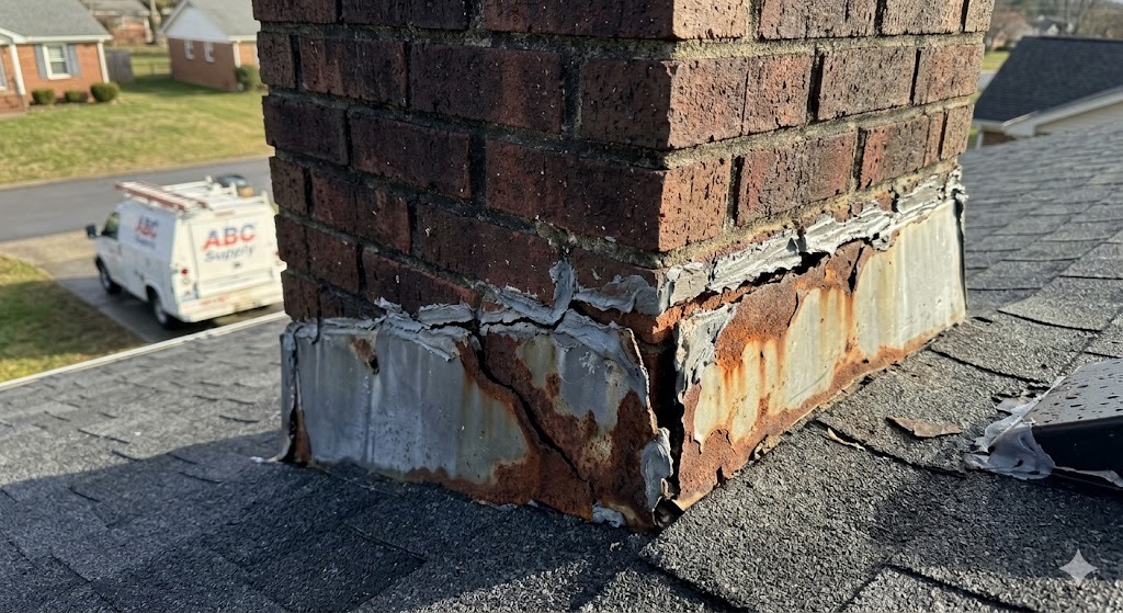 Detailed step flashing installation on a brick chimney to ensure a water-tight seal with the siding.