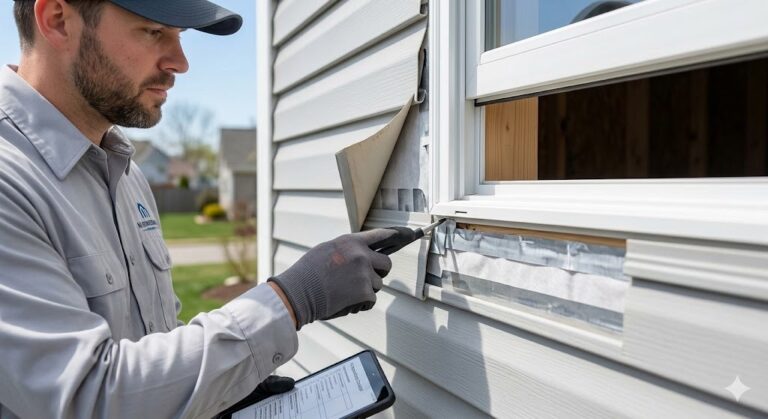 Close-up technical photo during a professional MI Homesiding LLC inspection, revealing a potential flashing flaw in a window opening on a Knoxville TN home for detailed moisture analysis.